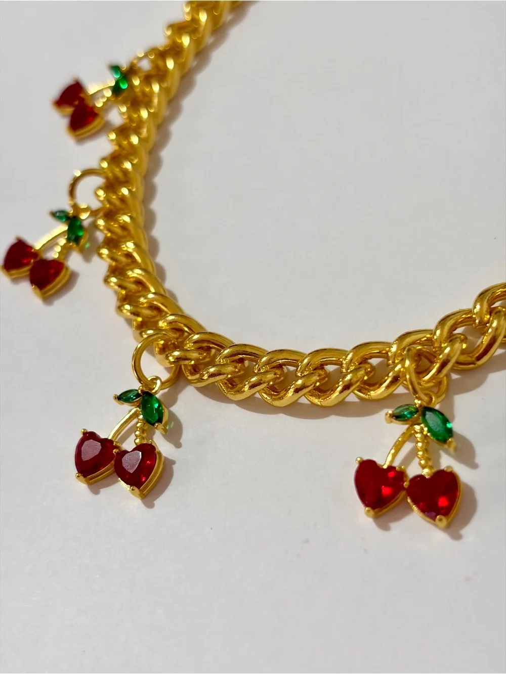 Gold-Tone Cherry Bag Charm Key Holder Chain - Red/Green Accents